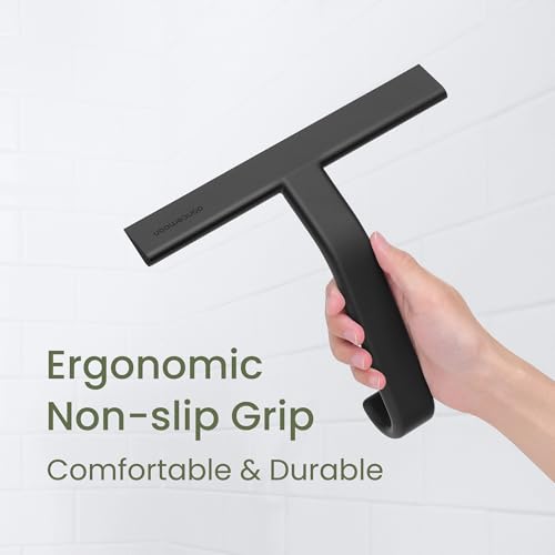 Dancemoon Shower Squeegee with Built-in Hook, 10-Inch Black Silicone