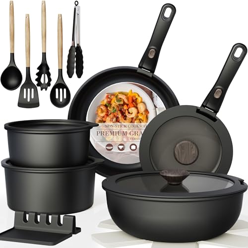 21-Piece Nonstick Ceramic Cookware Set with Removable Handle, Black