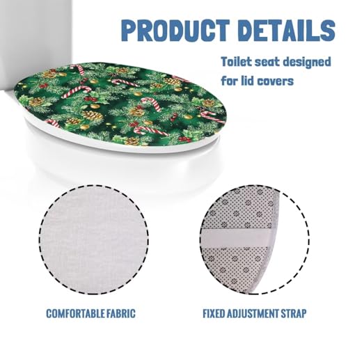 Christmas Candy Cane Toilet Seat Lid Cover for Bathroom – Universal 15"-21" Elf Holly Elastic Band