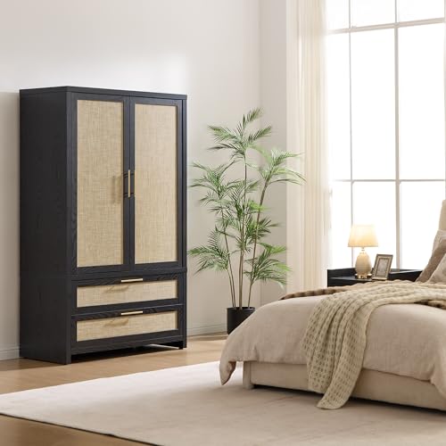 Rattan Armoire Wardrobe Closet with Drawers - 71-inch Boho Storage Cabinet