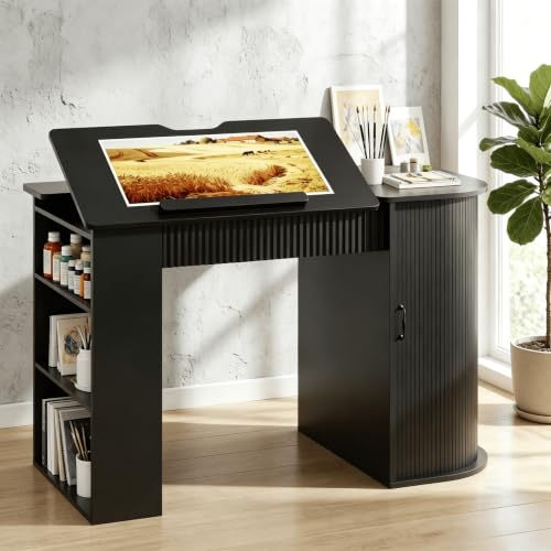 Adjustable Drafting Table with Storage Cabinet, Drawers & Charging Station