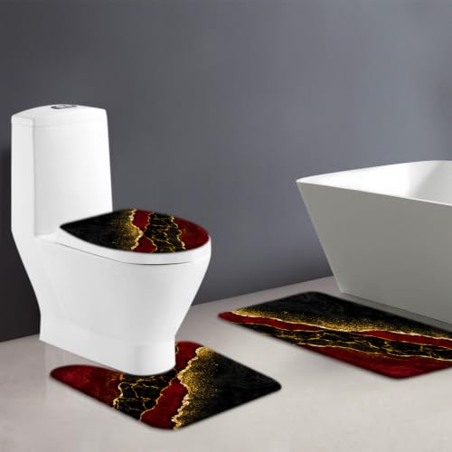 3-Piece Burgundy Marble Bath Rug Set with Toilet Lid Cover and U-Mat