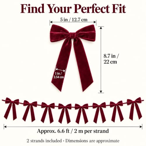 GAJILON 2 Pack Flocked Christmas Tree Bow Garlands - Wine Red