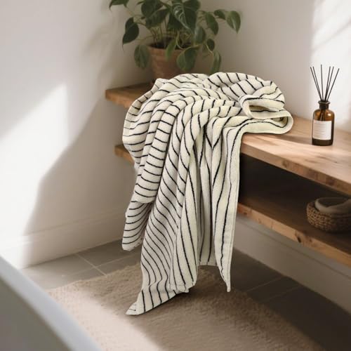Black and Ivory Striped Bath Towels, Quick Dry Cotton Set of 2, 27.5x55