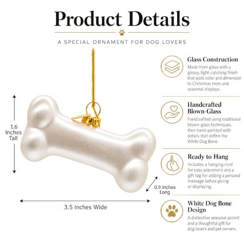 White Dog Bone Glass Christmas Ornament - Handcrafted Holiday Decor, Pet Lover Gift