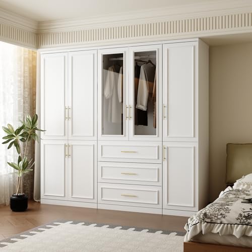 Modern White Wardrobe Armoire with Drawers, Shelves, and Hanging Rods