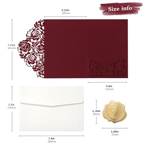 Laser Cut Wedding Invitation Pockets, 5x7 Burgundy Card Holders (50 Pack)