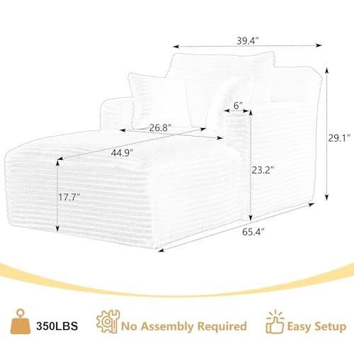 Oversized Corduroy Chaise Lounge Chair with 3 Pillows - Beige Indoor Lounger