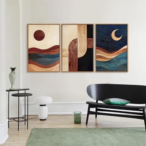 Boho Geometric Framed Canvas Wall Art Set - 3 Piece Sun and Moon Decor