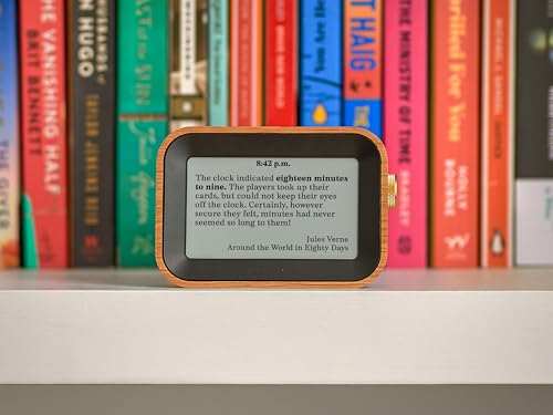 Literary Quote Desk Clock with E-Ink Display, Small Oak Wood Edition