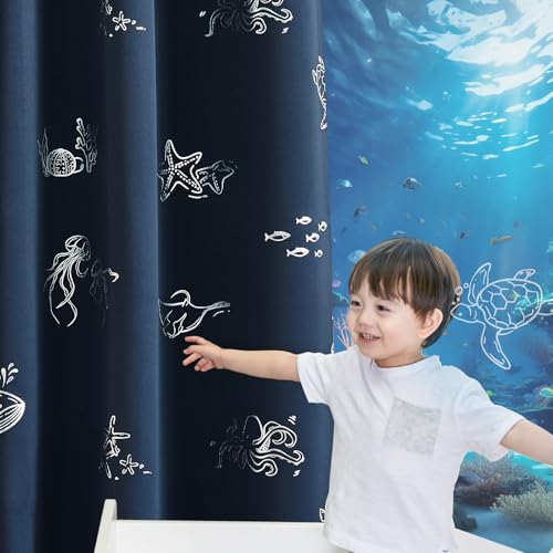 Ocean Print Blackout Curtains for Kids Bedroom, 52x63 Inch Navy, 2 Panels