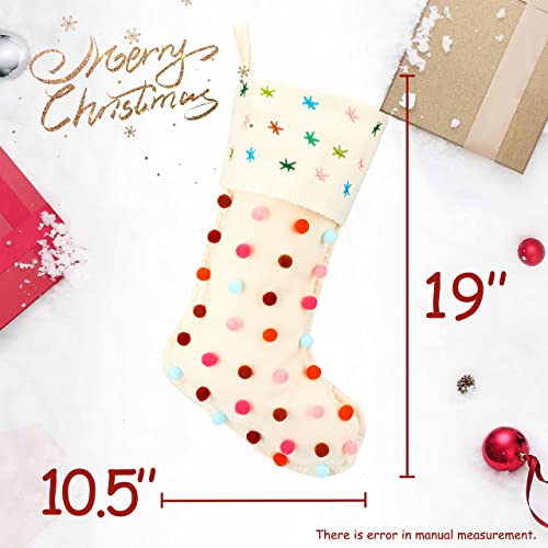 Hopearl Pom Pom Christmas Stocking - Boho Style 18'' Fireplace Sock, Cream, Style 1