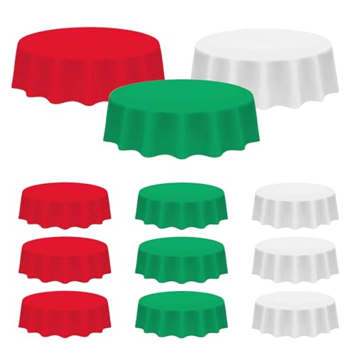 12 Pack 84-Inch Christmas Round Tablecloths - Red, Green, White Disposable Plastic Covers