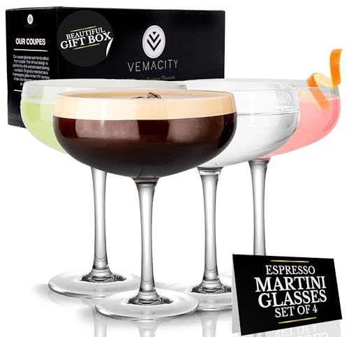 VEMACITY 4-Pack Elegant 10oz Espresso Martini Cocktail Glasses Set - Handblown Coupe for Martinis & Champagne