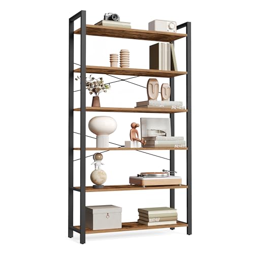 6-Tier Industrial Bookshelf with Steel Frame, Rustic Brown and Black