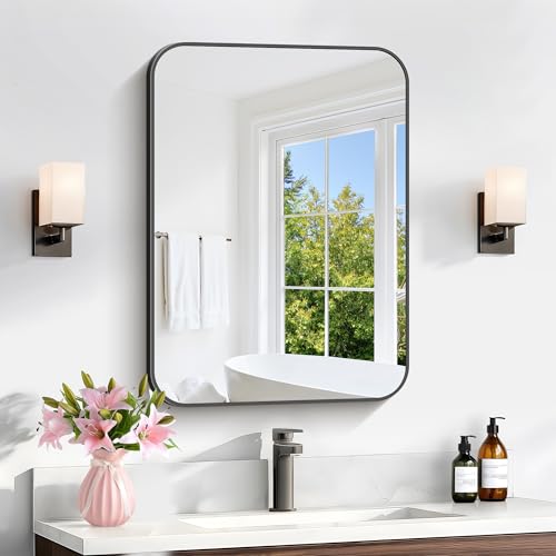 18x24 Inch Black Rectangle Wall Mirror, Shatterproof Metal Framed Vanity Mirror