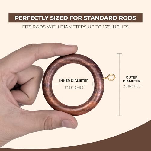 Handcrafted Rose Wood Curtain Rings with Metal Hooks - 1.75 Inch, 48 Pack