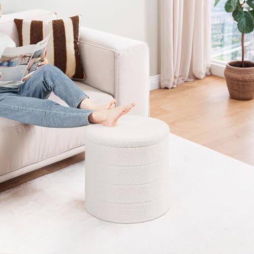 Round Folding Storage Ottoman with Wooden Tray, Boucle Foot Rest Stool