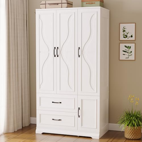 4-Door Wardrobe Closet with Drawers and Shelves, White Bedroom Armoire