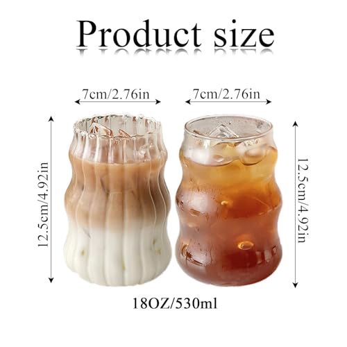 2 Pcs Ribbed Glass Cups, 18 Oz Vintage Wavy Drinkware for Iced Coffee