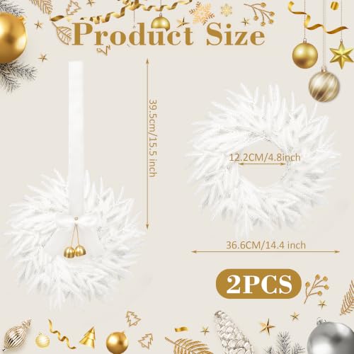 2 Pack White Christmas Wreaths for Cabinets - Mini Holiday Decor, 14.4"