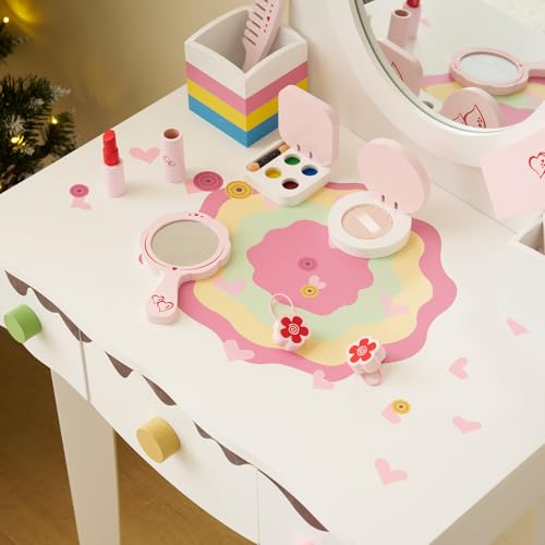 Kids Vanity Table Set with Stool and 7 Makeup Accessories, Rainbow Design