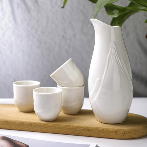 Zioliopaner 5-Piece Japanese Sake Set - White Ceramic Carafe & Cups for Home & Restaurant