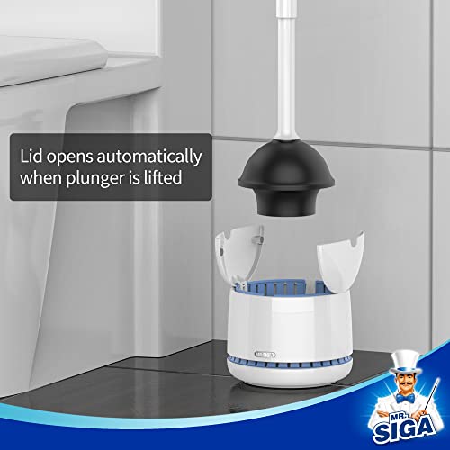 Heavy Duty Toilet Plunger and Holder Set with Automatic Lid, White