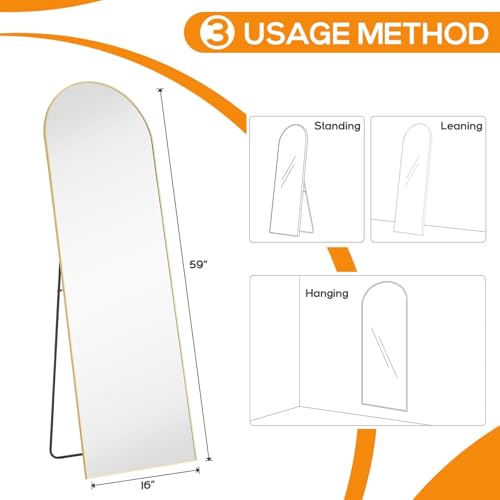 Arched Full Length Floor Mirror 16" x 59" - Gold Aluminum Frame