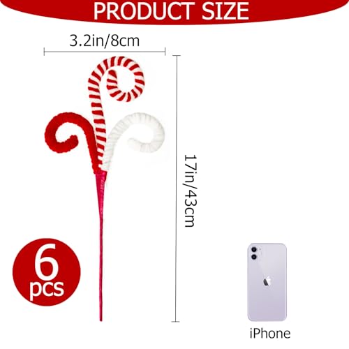 Cherica Red Candy Cane Christmas Decorations - 6 Pcs 17-Inch Tree Picks for Holiday Decor