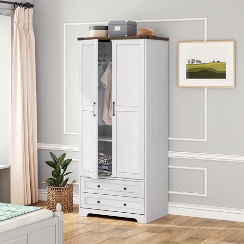 2-Door Wooden Armoire Wardrobe with 2 Drawers and Hanging Rail - White