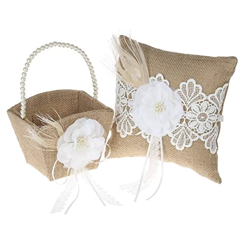 Rustic Burlap Flower Girl Basket with Pearl Bow for Wedding Ceremony