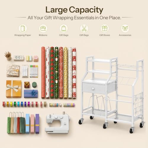 Rolling Gift Wrapping Paper Storage Cart with Drawer and Shelves