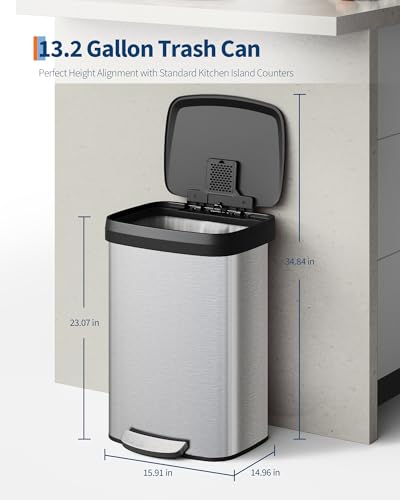 13 Gallon Stainless Steel Kitchen Trash Can with Soft Close Lid