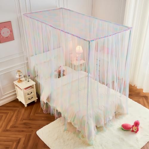 Pink Rainbow Bed Canopy for Twin Bed, 4 Corner Post Princess Bed Curtains