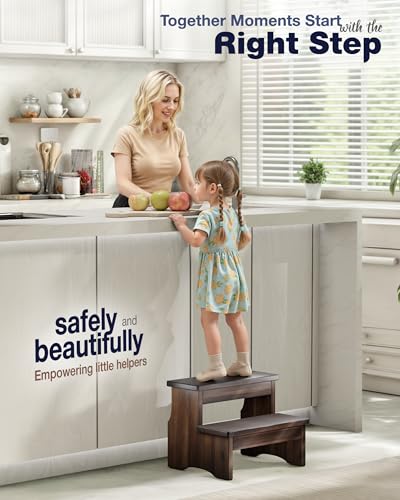 Two-Step Acacia Wood Stool - Heavy Duty Bedside Step Stool, 450 lbs