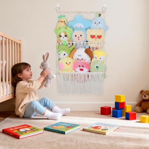 2-Tier Boho Macrame Stuffed Animal Storage Net – Large Plushie Wall Organizer