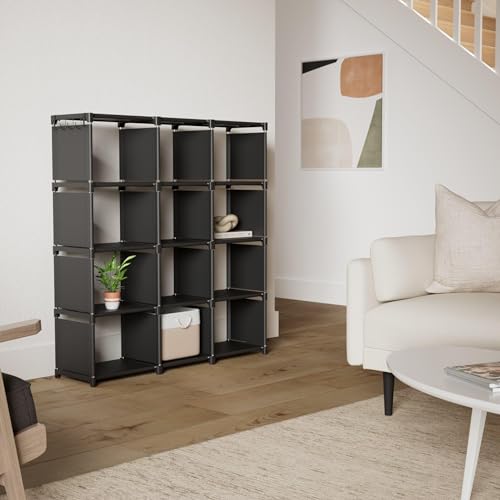 12-Cube Modular Storage Organizer, Stackable Metal Bookcase & Closet Shelf