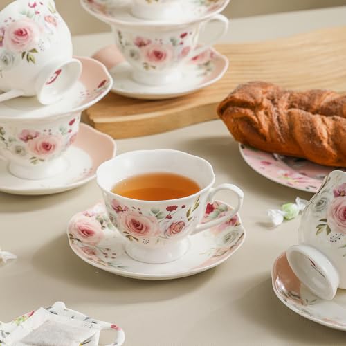 Pink Rose Floral Porcelain Tea Cup & Saucer Set of 6 - 6oz, Elegant Dinnerware