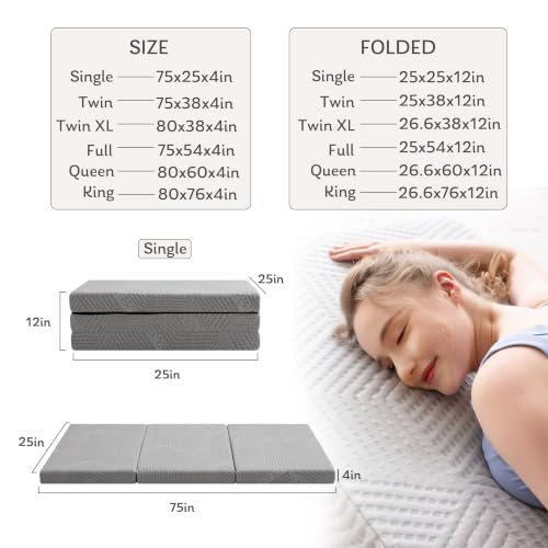 Small Single 4-Inch Gel Memory Foam Trifold Mattress - Portable Foldable Bed