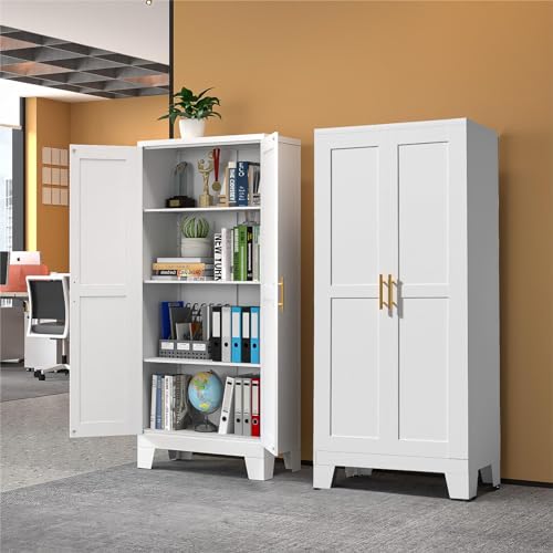 61-inch Metal Storage Cabinet with 3 Adjustable Shelves, White Steel Pantry