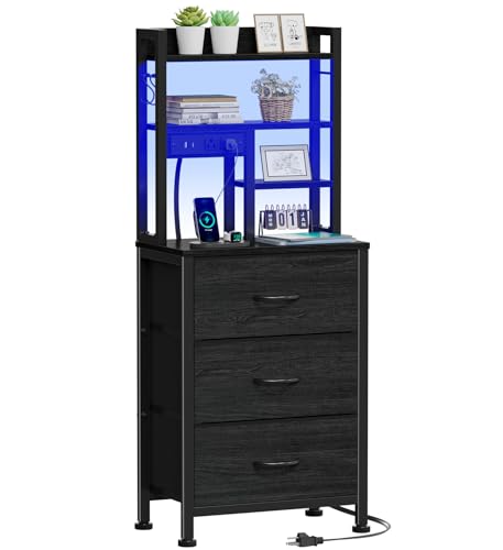 Tall Nightstand with Charging Station, 3 Drawers, Shelves & LED Lights