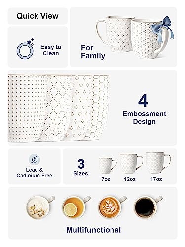 LE TAUCI 16oz Ceramic Coffee Mug Set - Embossed Arctic White, Multi-purpose Drinkware