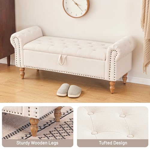 51-Inch Upholstered Storage Bench, Button-Tufted Linen Ottoman for Bedroom