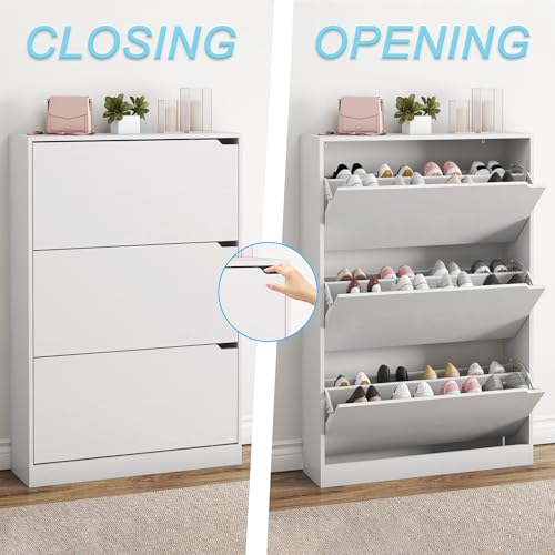 Freestanding Wood Shoe Cabinet with 3 Flip Drawers - White Entryway Storage
