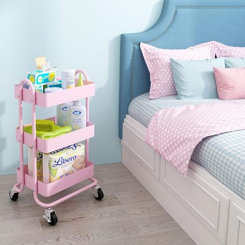 3-Tier Pink Metal Rolling Utility Cart with Wheels - 13.4" x 18.1" x 31"