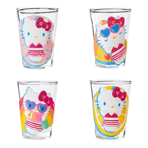 Hello Kitty Summer Pool Glass Set 4 Pack, 1.5oz Mini Drinking Glasses, Officially Licensed