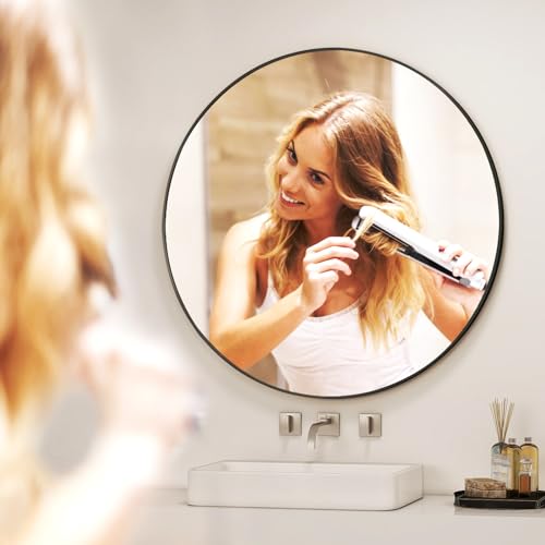 42-Inch Round Bathroom Mirror, Black Metal Wall-Mounted Circle Mirror