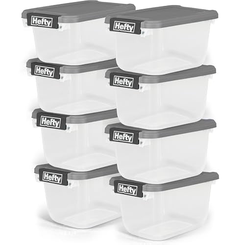 6.5 Qt Flat-Lid Plastic Storage Bin Organizer with Snap Lids, 8 Pack, Gray