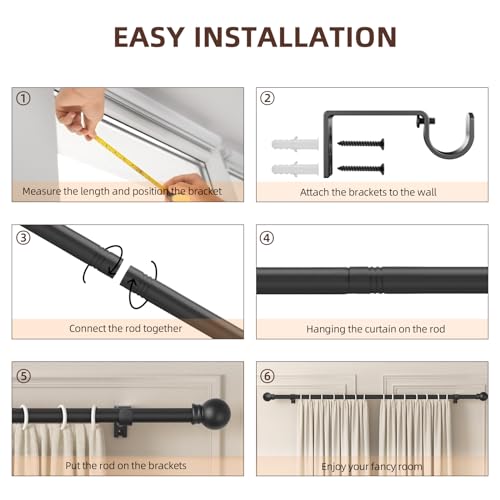 Adjustable Black Curtain Rod Set 32 to 46 Inch with Decorative Finials